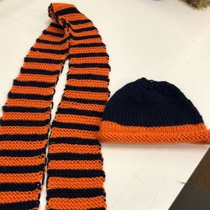 Orange and navy blue hand knitted hat and scarf